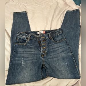 Button fly skinny jeans with high waist- braid detail. Size 6- RUNS SMALL